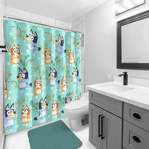 Image of Jay Franco Bluey and Bingo Fabric Shower Curtain - Kids Teal Bathroom Decor