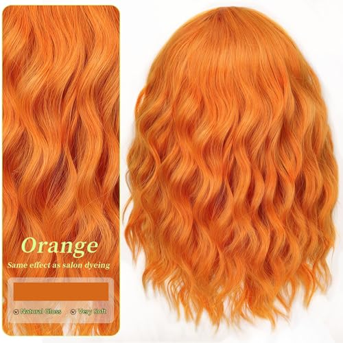 Image of AISI HAIR Orange Synthetic Wavy Curly Bob Wig with Bangs Short Wavy Hair for Women Synthetic Heat Resistant Bob Wigs