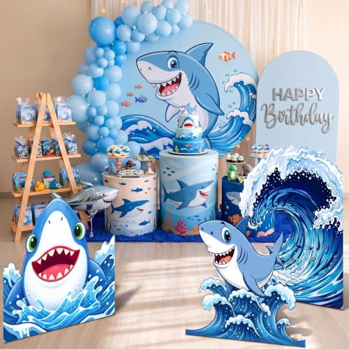 Image of 3 Pcs Shark Birthday Party Decorations Set, Huge Shark Ocean Wave Standee for Summer Ocean Baby Shower Party Under The Sea Photo Backdrop