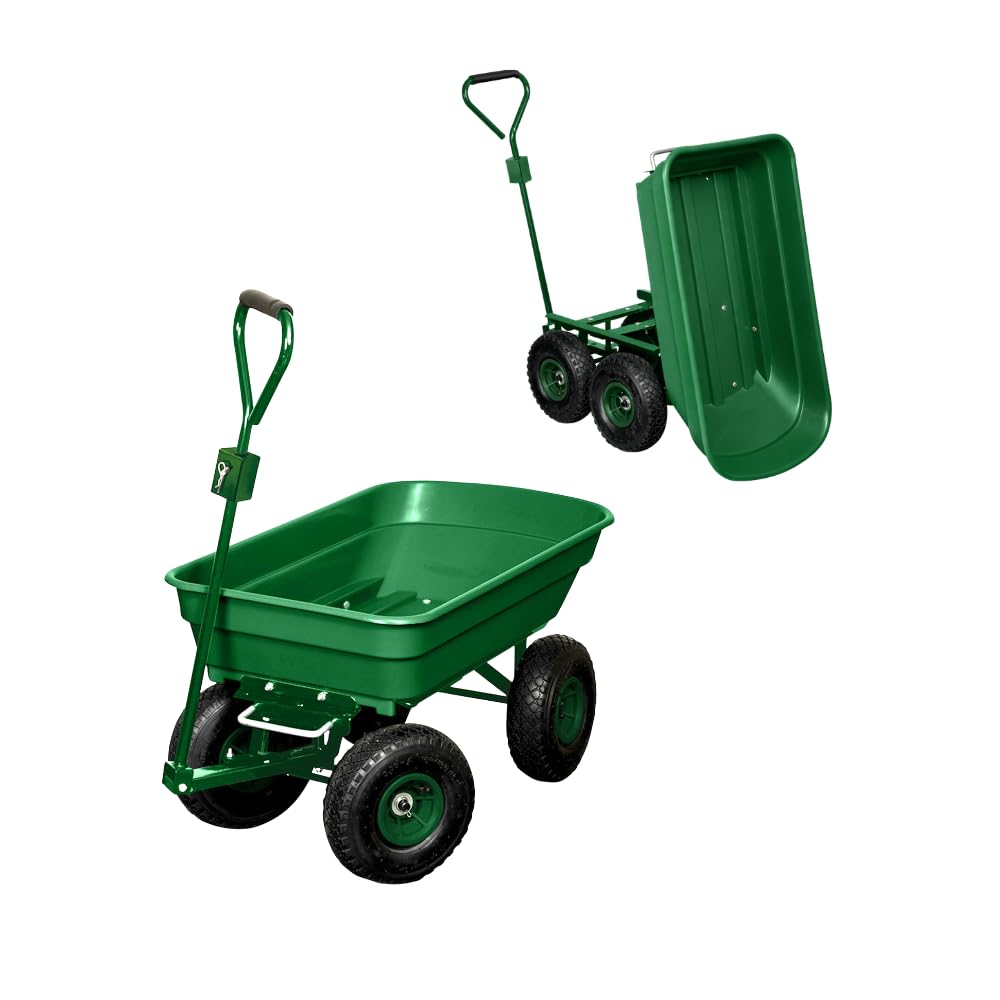 TERRE JARDIN Brouette de Jardin 4 Roues gonflables 120 Kg, Benne Basculante 52 L, Chariot à Bois bûche, Transport Bois de Chauffage, Remorque Attelage intégré - Capacité Basculée 80 Kg