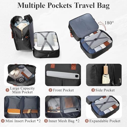 Expandable Personal Item Travel Duffle Bag Weekender Bag for Women Men, Overnight Hospital Carry On Bag with Toiletry Bag for Airplanes Travel Business Trips Sport,Black & Brown4