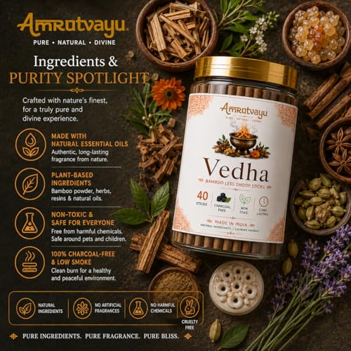 Image of Vedha Dhoop Sticks 4 inch 6mm Bamboo Less Incense Dhoop 40 Sticks for Pooja | No Charcoal Dhoop Batti with Holder Stand | Fragrance for Home, Mediation Relaxation