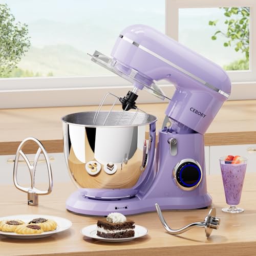 Image of CEBORY 3-IN-1 Electric Stand Mixer, 6.5QT Bowl 660W 10-Speed Kitchen Mixer, Household Food Mixers include Dough Hook, Beater and Whisk, Bread Cake Mixer for Baking and Most Home Cooks, Purple