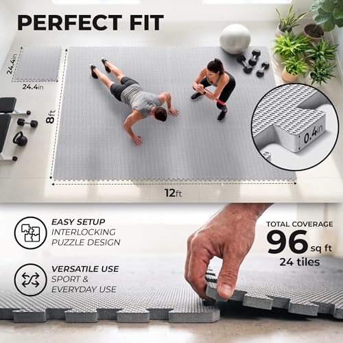 Image of bemaxx Gym Mats Set - 24 pcs EVA Interlocking Foam Floor Tiles (24.4 inchx24.4 inchx0.4 inch) 96 sqft Protective Gym Flooring Sports Home Workout Exercise Mats Puzzle Garage Fitness Play-Room Pool Treadmill Bike