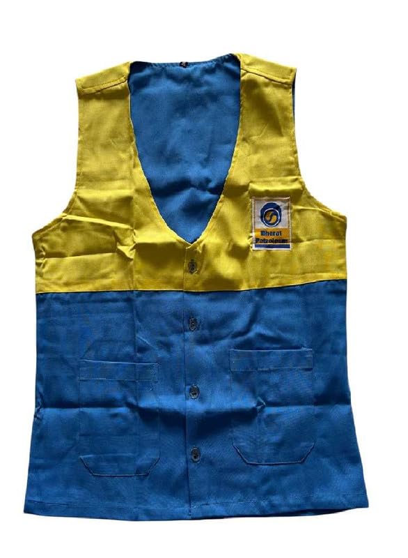 Image of BPCL Petrol Pump Salesman Uniform Waistcoat | Sky Blue Yellow Sleeveless Workwear Jacket | Regular Fit Cotton Blend Staff Uniform with Logo for Men Women