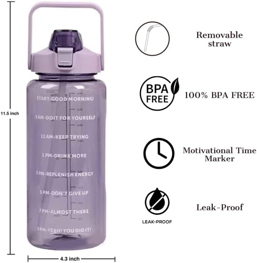 Image of 2 Litre Transparent Water Bottle with Motivational quote,Straw&Handle-Leakproof,Non-Toxic,BPA-Free for Office,School,Gym (PURPLE 3)