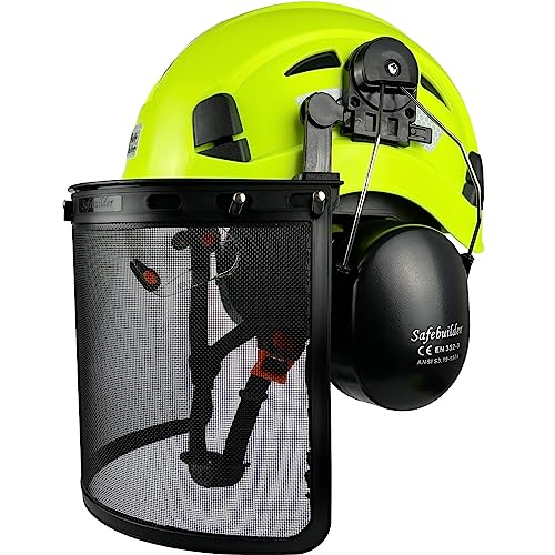 SAFEBUILDER Forestry Safety Helmet with Build in Visor and Mesh Face Shield and Ear Muffs 4 in 1 Forestry Hard Hat Chainsaw Work Helmet ANSI Z89.1 (Fluorescent Green-ICV-BR1-Mesh Shield)