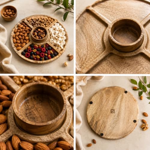Image of The Earth Store Round Wooden Platter with Bowl (11 Inch) - 5 Partition Snack Serving Tray for Fruits, Snacks, Desserts & Finger Food