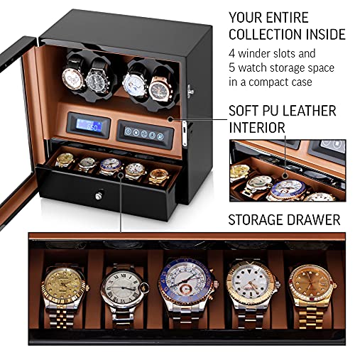 Image of 4 Watch Winder with 5 Watch Storage Space, LCD Display, Touch Control and Interior Light