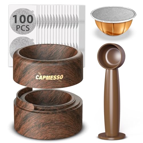 Vertuo Pod - Kit de recarga reutilizable para cápsulas Vertuo Nespresso/Coffee Pods Vertuoline con 100 tapas de papel de aluminio para cualquier tamaño de cápsula Vertuo Plus Espresso, soporte de