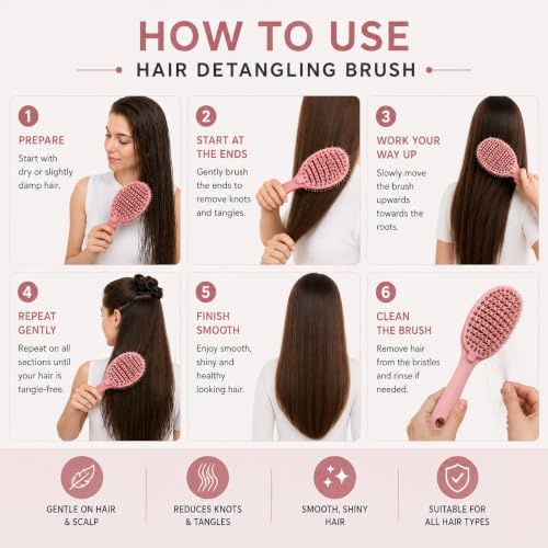 Image of KIMEE Natural Boar Bristle Hair Brush Set for Women, Men and Kids With Thin, Normal And Fine Hair. Restore Shine And Texture To Your Hair. Wooden Comb, Travel Bag and Spa Headband (PINK)
