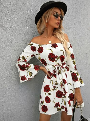 Image of Off Shoulder Ruffle Dress for Women, A-Line Mini Dress with Belt, Fitted Bust Summer Wedding Guest Dress