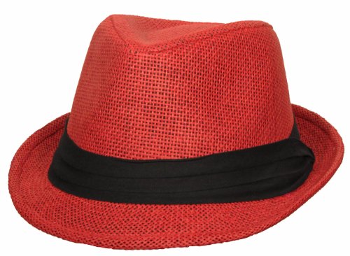 Short Brim Paper Fedora with Black Pleated Band (Red, Large/X-Large)