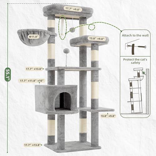 Image of Gitelsnour 55.1'' Cat Tree Tower for Indoor Cats, Large Platform, CCT013W | 7 Sisal Scratching Posts, Multi-level Cat Condo Cat Cave, 2 Padded Perches, Basket, Furry Ball, Toy, Light Gray