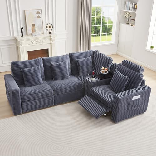 Image of RARZOE Modular Sectional Sofa with Power Recliner, 4-Seater L-Shaped Corduroy Reclining Couch with Storage Console Charging Cup Holders, Fluffy Recliner Sectional Couch for Living Room, Grey