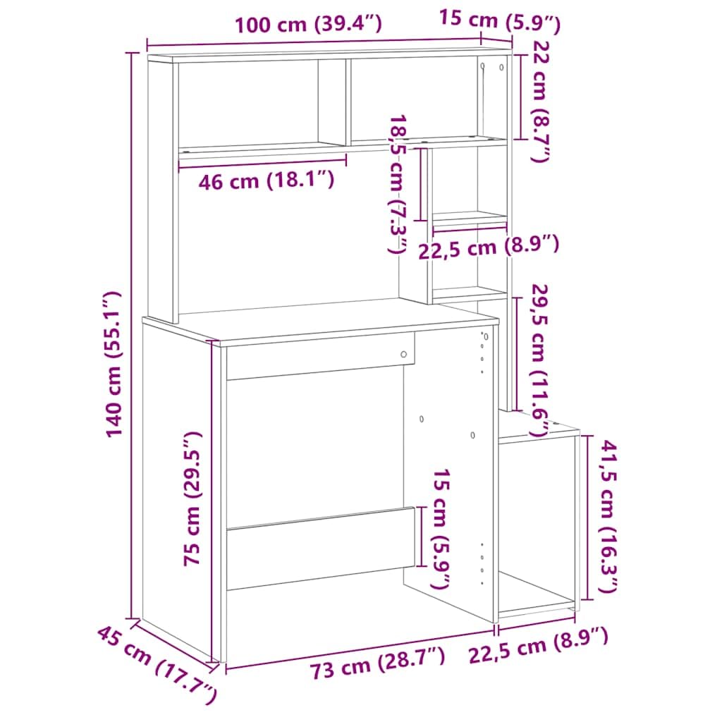Scrivania con mensola, effetto rovere, marrone, 100 x 45 x 140 cm, materiale in legno, grande area di lavoro per casa, ufficio, design moderno