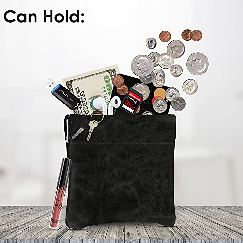 Image of Nabob Leather Genuine Leather Squeeze Coin Purse, Coin Pouch Made IN U.S.A. Change Holder For Men /Woman Size 3.5 X 3.5 (Distressed Black)