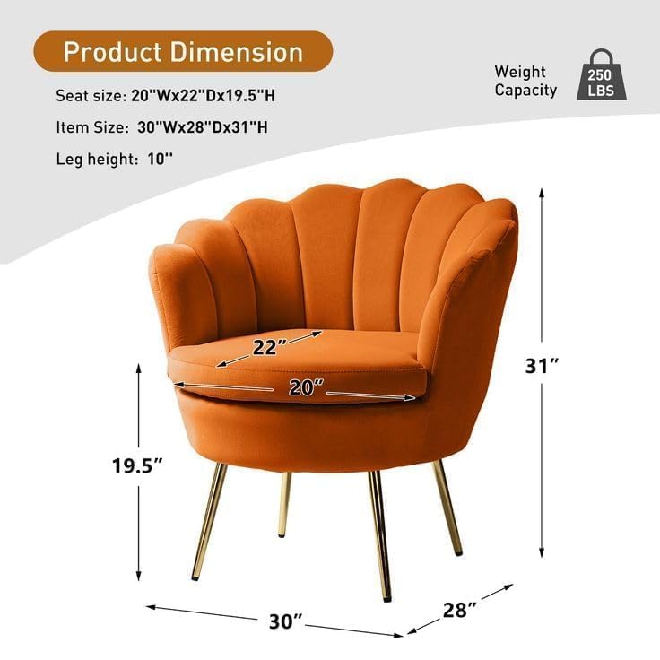 Image of Wooden Velvet Shell Accent Chair, Upholstery, Gold Metal Legs, Channel Tufted Design, Barrel Chair for Living Room, Drawing Room, Bedroom, & Office (Orange)