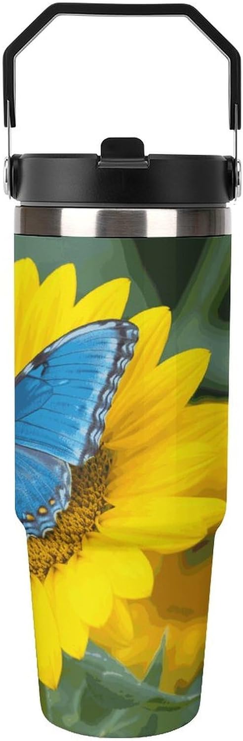 Sunflower Blue Butterfly Water Bottle 30 Oz Fits Car Cup Holder,Insulated Coffee Mug Large Capacity Car Cups,Stainless Steel Double Wall Sport Bottle for Travel Sports Gym