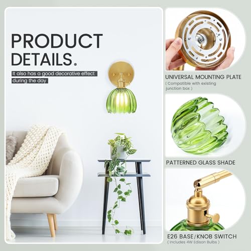 Image of NIORSUN Wall Sconce with Green Glass Lampshade, 180 Adjustable Vintage Wall Sconce with 3000K Edison Bulb, Hardwired Tulip Sconces Wall Lighting with Switch for Bedroom Bathroom Hallway Living Room
