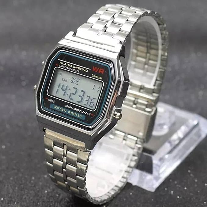 Image of Premium Digital Square Dial Unisex Wrist Watch for Men & Women | Vintage 4-Color Display | WR70ist Sports, Casual & Fashion Watch(Silver)