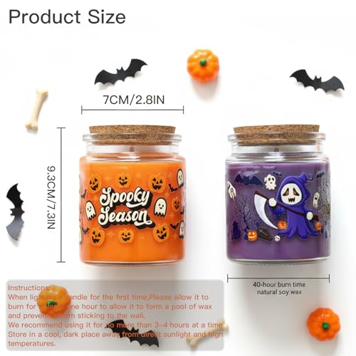 MORAINJAY 2 Jars Pumpkin Scented Candles for Halloween,Natural Soy Wax Candle for Home Scented,80 Hours Burn Time,Purple Orange Candle Gift Set,Aromatherapy Candles Present Halloween Decorations - Image 2