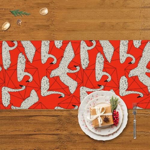 Chemin de table de Noël cygnes blancs anti-plis avec pompons