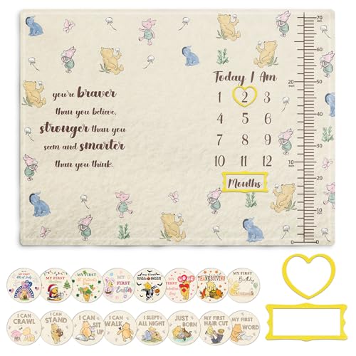Image of Classic Pooh Baby Monthly Milestone Blanket, Winnie Baby Blanket Growth Chart, Blanket with Photo Tools, with Double-Sided Printed Cardstock(16 Unforgettable Moments of Babies) 30 * 40in