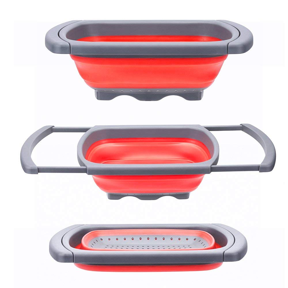 Koyet Colander Collapsible,Colander Strainer Over The Sink Veggies/Fruit Strainers and Colanders with Extendable Handles, Folding Strainer for Kitchen,BPA Free (Red&Grey)