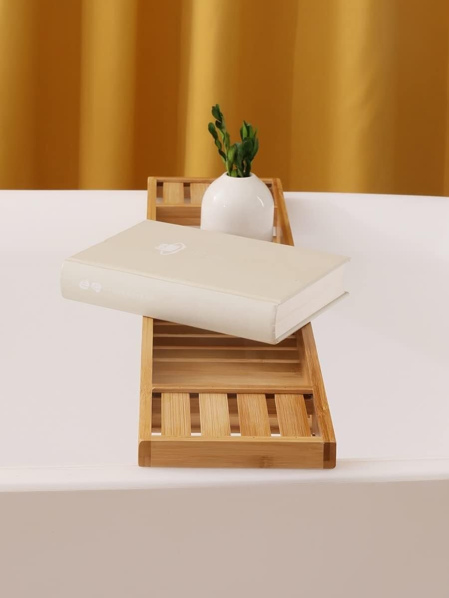 Wooden Bathroom Bathtub Rack Caddy, Bath Bridge Tray with Towel, Book, Wine Holder, and Organizer for Relaxing Spa Experience