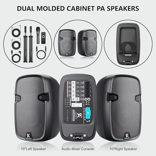 Image of 8-Channel Portable PA System with Bluetooth, Microphone, 2 Speaker Stands, USB, Reverb /Delay Effects - Perfect for Outdoor Events, Parties, Weddings, Church Services (2 x 10 Woofers)