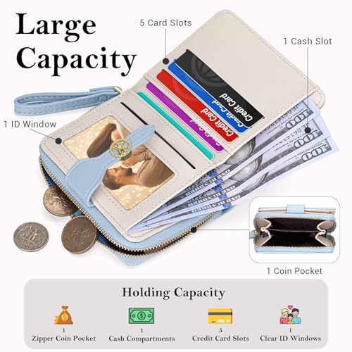Image of BIAOTIE Wallet for Women Cute Floral Flower Wallet RFID Credit Card Holder Purse Small Bifold Zipper Coin Pocket Purse with ID Windows (Bow Blue)