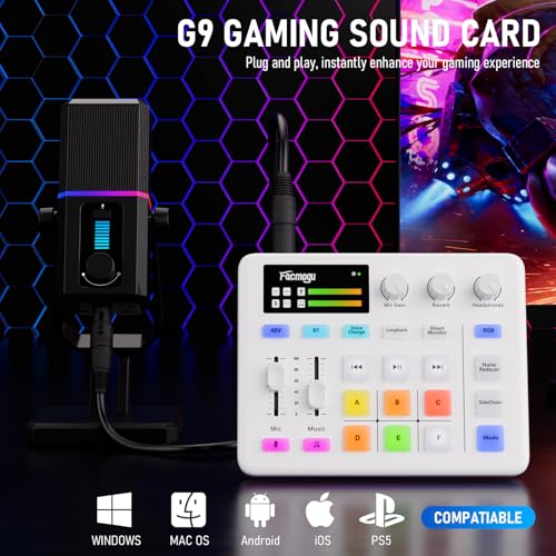 Image of Facmogu G9 Audio Mixer, Streaming RGB PC Mixer with XLR Microphone Interface, Volume Fader, Mute Button, 48V Phantom Power, Sound Board Podcast Equipment for Live Streaming, Podcast Recording - White