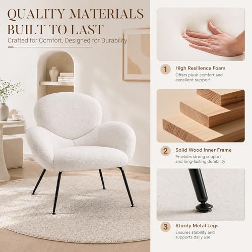 Image of Accent Chairs Set of 2 for Living Room, Boucle Fabric, Beige | Modern Accent Chair with Cloud Backrest, Soft Textured Boucle Fabric, Small Reading Chair for Sunroom, Reception Area
