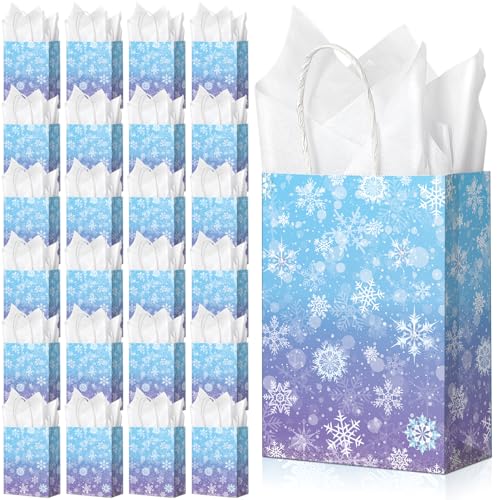 24 Pcs Winter Snowflake Gift Bags Blue and Purple Snowflake Goodie Bags Bulk with 24 Tissue Paper Holiday Kraft Paper Party Favor Bags with Handles for Birthday Christmas Winter Wonderland