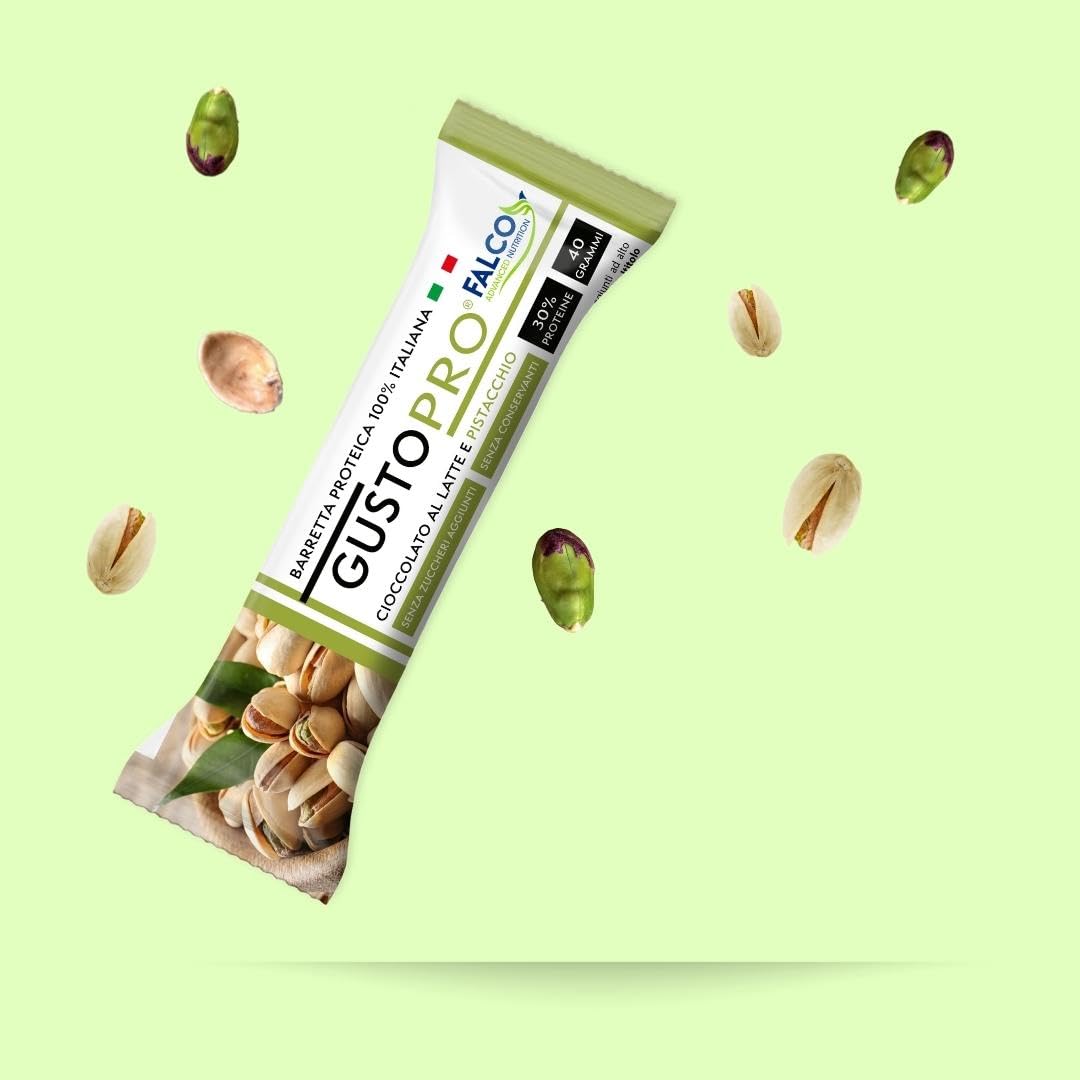 GUSTOPRO LATTE E PISTACCHIO – Barretta Proteica Senza Zucchero, Croccante, Puro Cioccolato al Latte e Pistacchio, 30% di Proteine Del Siero del Latte (Whey Protein) (24x40g)
