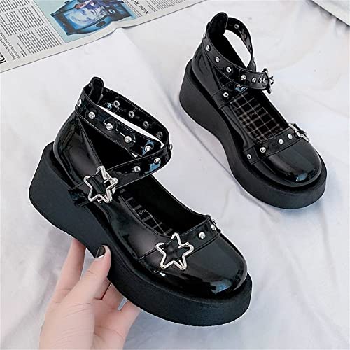 HOTRA Women Platform Wedge Mary Janes Shoes with Cross Strap Star Buckle Patent Leather Rivet Lolita Shoes Halloween Cosplay Shoes (Color : Black, Size : 9 US) 6