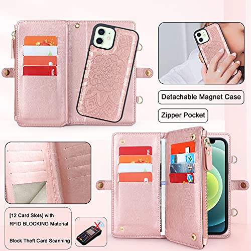 Harryshell [Block Theft Card Scanning] Function, Detachable Magnet Wallet Case Cover Cash Bill Zipper Pocket Crossbody Lanyard Strap For Iphone 12 / Iphone 12 Pro (Floral Rose Gold) #TOP3