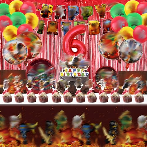 90Stück Geburtstag Deko Kinder 6 Jahre N-ija Geburtstag Party Dekoration Partygeschirr Set mit Happy Birthday Banner Tischdecke Tortenaufsätze Geschirr und Luftballons