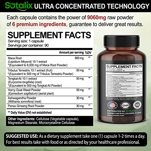 Sotalix Supplement Ultra Maca Root Extract 9060 Mg High Potency With Tongkat Ali Tribulus Terrestris Panax Ginseng Ashwagandha - Extra Strength For Men Women - 3 Month Supply (90 Count (Pack Of 1)) #TOP1