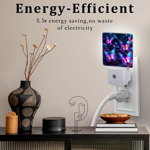 Image of Glowing Purple Butterflies Night Light Plug into Wall, Neon Butterfly Dusk to Dawn Night Light,0.5w Energy Saving Sleep Friendly Nightlights for Kids Boys Girls Home Decor