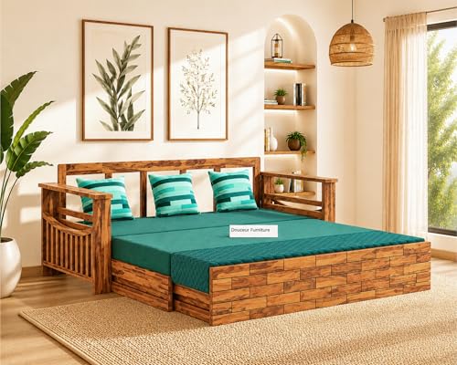 Image of Douceur Furnitures Solid Sheesham Wood 3 Seater Sofas | Three Seater Sofa Bed for Living Room, Hotels, Restaurant, Apartment | Wooden Sofa Bed