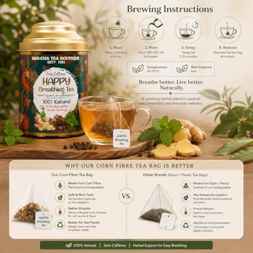 Image of Sancha Tea Boutique, Happy Breathing Herbal Tea, 25 Pyramid Tea Bags | Ayurvedic Decongestant Blend with Eucalyptus, Bael & Long Pepper | Caffeine-Free Wellness Tea in Double Lid Tin Caddy