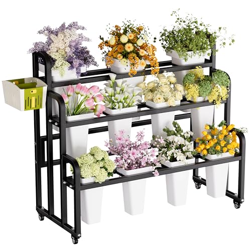 GVRVHJS Heavy Duty 3-Layer Metal Flower Display Stand, 11-Bucket Flower Bar with Tool Basket, Thickened Frame & 360° Swivel Wheels, Flower Cart for Patio, Garden, Florist, Wedding & Party (Black)