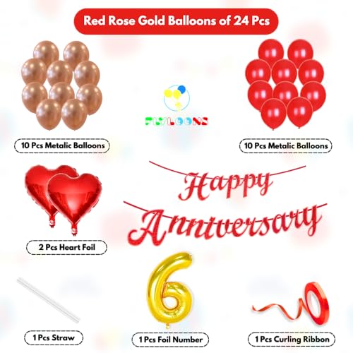 Image of Flyloons 6th Happy Anniversary Decoration Items Red Rose Gold for Men Women Husband Wife Mom Dad Parent Couple Home Bedroom Car With 20 Pcs Metallic Balloons Anniversary Banner 2 Pcs Heart Set Kit