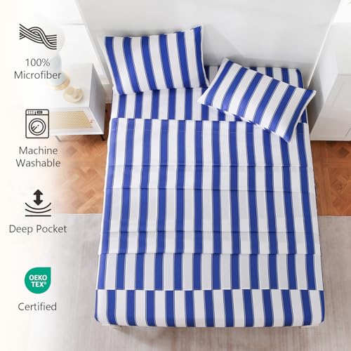 Image of MCO 4Pieces Striped Sheets Set, Breathable Queen Sheet Set with 16 inch Deep Pocket,Modern & Luxury, Brushed Microfiber Bedding Set(Queen, Navy Blue)