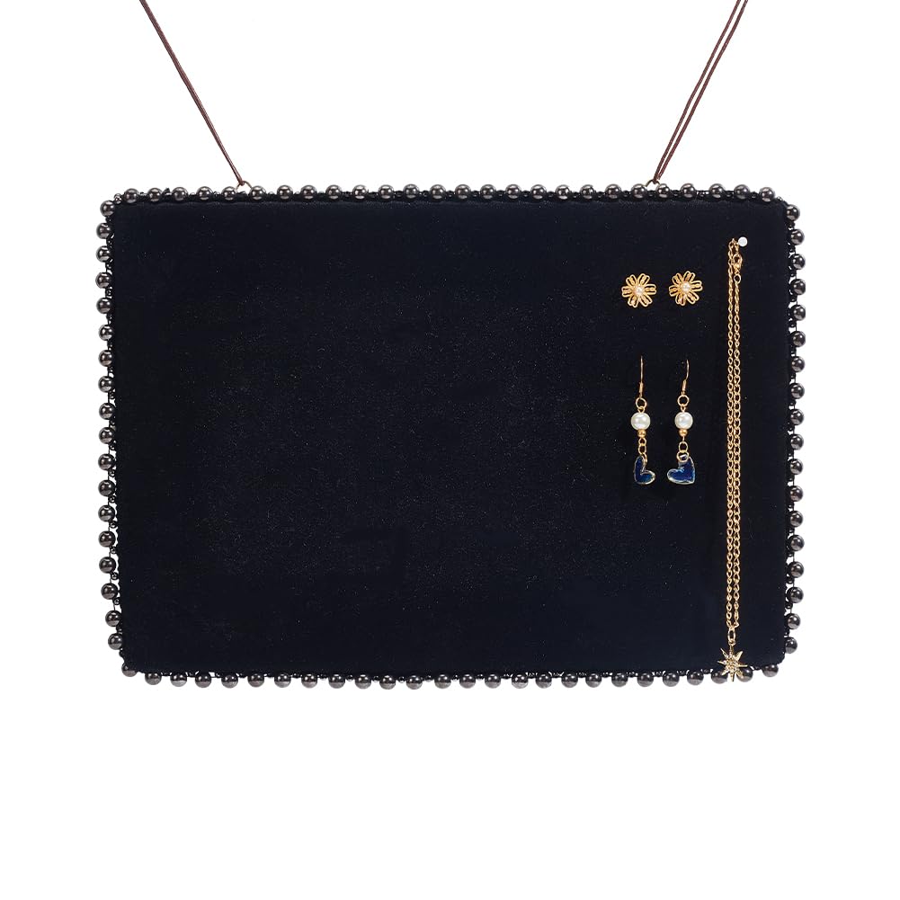 NBEADS Velvet Earrings Organizer Holder, Wall Mounted Jewelry Display Stand with Pearl Decor and Iron Hangers for Earring Studs Hair Clips Hanger, Black, 31x22cm