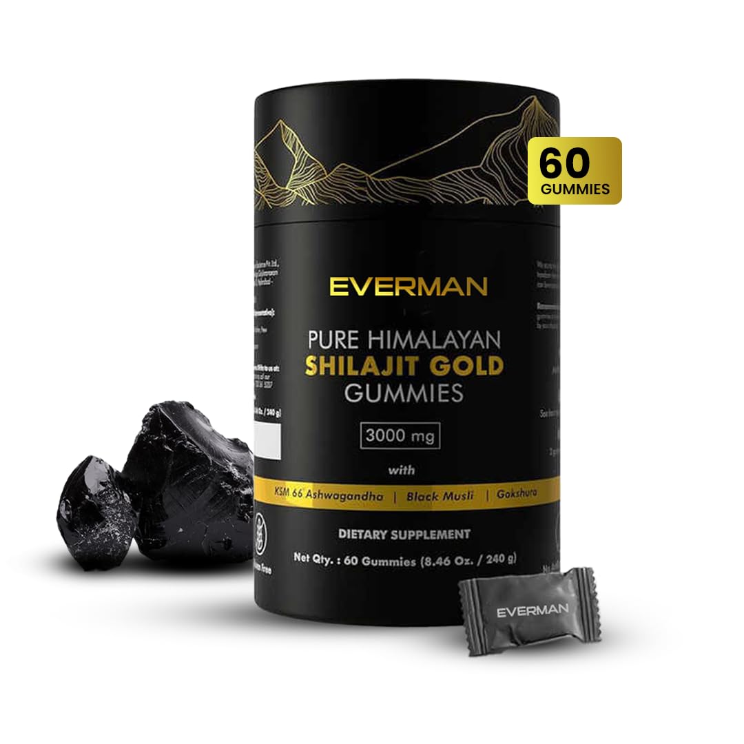 Ever Man Shilajit Gold Gummies | 60 Gummies with KSM-66 Ashwagandha | No Added Sugar | Enriched with Gold Dust and 75%+ Fulvic Acid