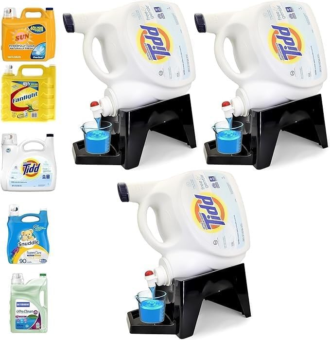 Image of Liquid Laundry Detergent Holder Stand with Drip Tray - 3 Pack - Black | Easy Pouring, Rubber Feet, Angled Stand, Fabric Softener Dispenser for Laundry Room Organization & Storage
