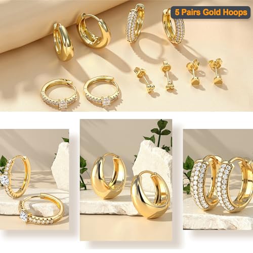 Small Chunky Gold Hoop Earrings for Women-5 Pairs Sterling Silver Post Huggie Earring Stacks for Multiple Piercing Trendy Cartilage Hypoallergenic Earings for Sensitive Ears3